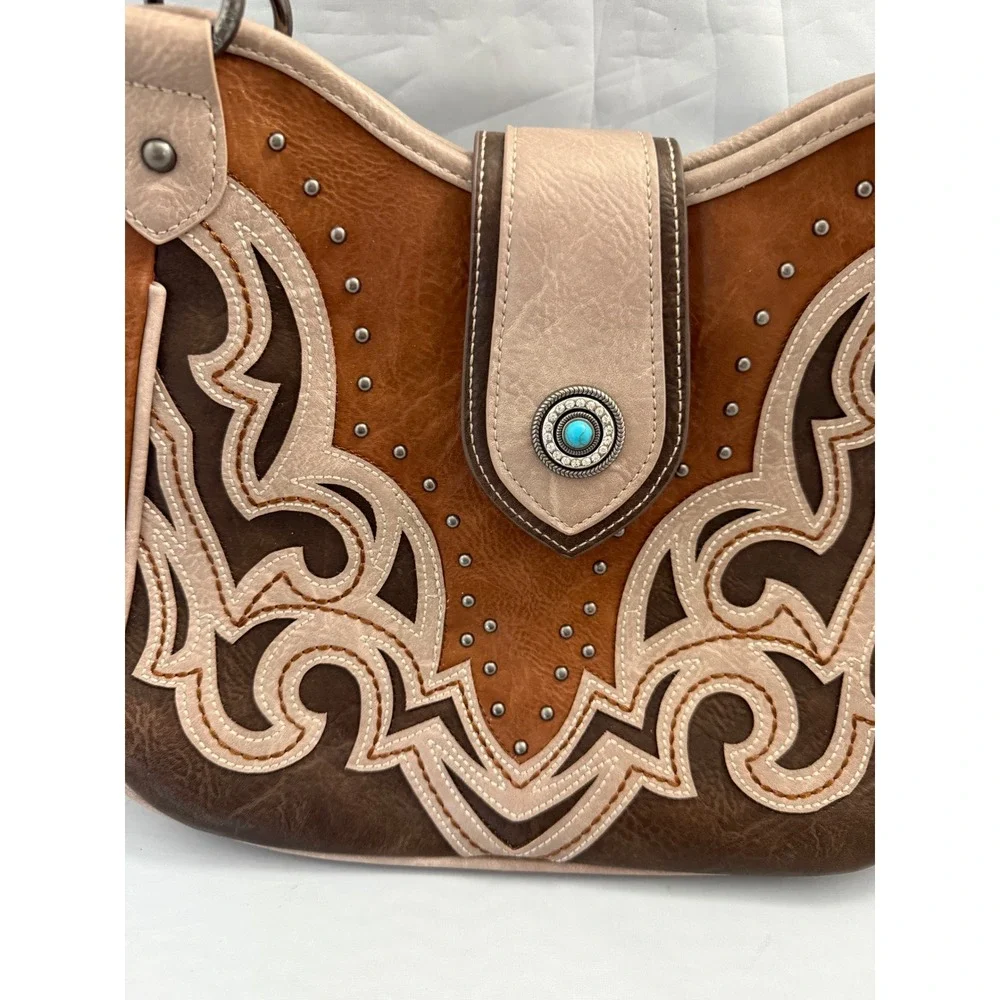 Montana West Western Tooled Shoulder Bag Tote Brown Tan Turquoise Concho Large